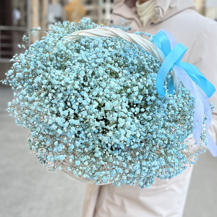 15 голубых гипсофил в корзине